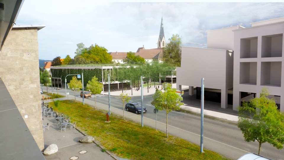 So könnte das neue Parkhaus am Nägelesgraben aussehen. Angedacht ist eine Dach- und Fassadenbegrünung, auch Fahrradständer und kleinere Bäume im Umfeld sind geplant. Bei der Einwohnerversammlung wird die Stadt Rottweil weitere Visualisierungen aus verschiedenen Perspektiven präsentieren